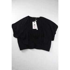 MEROKEETY Women XL Black Wrap Crop Top Ruched Short Sleeve NWT